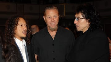Kirk Hammett, Tony Iommi, James Hetfield. 21st Annual Rock and Roll Hall of Fame Induction Ceremony - Cocktails and Dinner