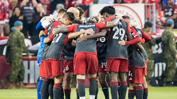 Toronto FC players huddle before the MLS game between...