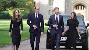The Prince and Princess of Wales Accompanied By The Duke And Duchess Of Sussex Greet Wellwishers