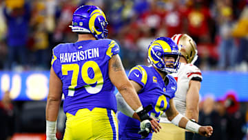 Los Angeles Rams offensive tackle Rob Havenstein (79) and quarterback Matthew Stafford (9)