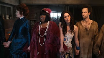 “Patience” – While Sam and the ghosts race to find him, Isaac comes face to face with Puritan ghost Patience (Mary Holland) for the first time since she was lost in the dirt, on the fourth season premiere of the CBS Original series GHOSTS, Thursday, Oct. 17 (8:30-9:00 PM, ET/PT) on the CBS Television Network, and streaming on Paramount+ (live and on demand for Paramount+ with SHOWTIME subscribers, or on demand for Paramount+ Essential subscribers the day after the episode airs)*. Pictured (L-R):