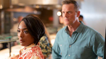 9-1-1 - "Abandon Ships" - Athena and Bobby set off on their honeymoon cruise, but when duty calls, their vacation is put on hold. Meanwhile, a fighter jet traps a civilian, and an unusual incident leaves a couple stuck together. THURSDAY, MARCH. 14 (8:00-9:00 p.m. EDT), on ABC. (Disney/Chris Willard)
ANGELA BASSETT, PETER KRAUSE