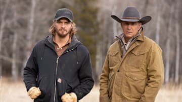 Yellowstone Photo Credit: Emerson Miller for Paramount Network Pictured (L-R): Luke Grimes as Kayce Dutton and Kevin Costner as John Dutton