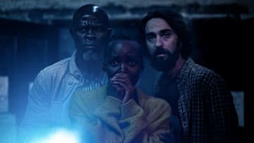 Djimon Hounsou as Henri, Lupita Nyong’o as Samira, and Alex Wolff as Reuben in A Quiet Place: Day One 