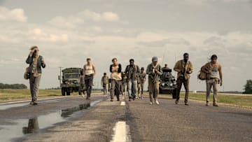 Charlie Plummer as Barkovitch, Garrett Wareing as Stebbins, Cooper Hoffman as Garraty, David Jonsson as McVries, Ben Wang as Olson, Tut Nyuot as Baker, and Joshua Odjick as Parker in The Long Walk. Photo Credit: Murray Close/Lionsgate