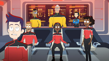 L-R: Jack Quaid as Boimler, Jerry OíConnell as Jack Ransom, Eugene Cordero as Rutherford, Fred Tatasciore as Lieutenant Shaxs, Dawnn Lewis as Captain Carol Freeman, Gabrielle Ruiz as T'Lyn, and Tawny Newsome as Beckett Marine in episode 1, season 5 of Lower Decks streaming on Paramount+, 2024. Photo Credit: Paramount+