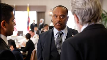 “Foreign Bodies” – As Vance prepares to host diplomatic talks with Venezuela, the team is called in to investigate the dead body of one of his inside men, on the CBS Original series NCIS, Monday, Oct. 21 (9:00-10:00 PM, ET/PT) on the CBS Television Network, and streaming on Paramount+ (live and on-demand for Paramount+ with SHOWTIME subscribers, or on-demand for Paramount+ Essential subscribers the day after the episode airs)*. Pictured (L-R): Rocky Carroll as NCIS Director Leon Vance. 
