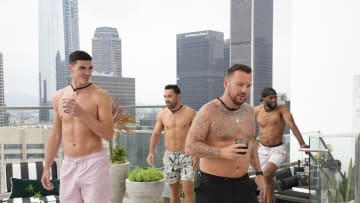 LOVE UNDERCOVER -- "I Have Something to Tell You" Episode 102 -- Pictured: (l-r) Lloyd Jones, Marco Fabián, Jamie O’Hara, Ryan Babel -- (Photo by: Casey Durkin/PEACOCK)