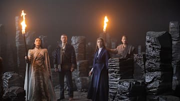 Natasha O'Keeffe (Lanfear), Josha Stradowski (Rand al'Thor), Rosamund Pike (Moiraine Damodred), Daniel Henney (Lan Mandragoran) - Credit: Prime Video 