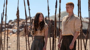 Rosamund Pike (Moiraine Damodred), Josha Stradowski (Rand al’Thor) in The Wheel of Time season 3. Image: Prime Video.