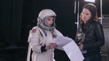 Emma Roberts (Rex) and Director Liz W. Garcia in SPACE CADET Photo Credit: Eric Liebowitz//Prime Video