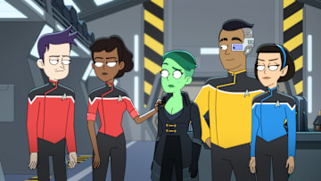 L-R: Jack Quaid as Boimler, Tawny Newsome as Beckett Mariner, NoÎl Wells as DíVana Tendi, Eugene Cordero as Rutherford, and Gabrielle Ruiz as T'Lyn in episode 2, season 5 of Lower Decks streaming on Paramount+, 2024. Photo Credit: Paramount+