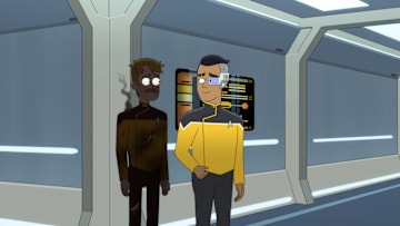 L-R: Paul Scheer as Andy Billups and Eugene Cordero as Rutherford in episode 2, season 5 of Lower Decks streaming on Paramount+, 2024. Photo Credit: Paramount+