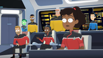 L-R: Jerry OíConnell as Jack Ransom, NoÎl Wells as DíVana Tendi, Eugene Cordero as Rutherford, Dawnn Lewis as Captain Carol Freeman, Fred Tatasciore as Lieutenant Shaxs, Tawny Newsome as Beckett Mariner, and Gabrielle Ruiz as T'Lyn in episode 7, season 5 of Lower Decks streaming on Paramount+, 2024. Photo Credit: Paramount+