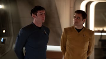 L to R Ethan Peck as Spock and Paul Wesley as Kirk in season 3 , Episode 6 of Strange New Worlds streaming on Paramount+