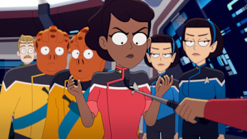 L-R: Paul Scheer as Andy Billups, Tawny Newsome as Beckett Mariner, and Gabrielle Ruiz as T'Lyn in episode 1, season 5 of Lower Decks streaming on Paramount+, 2024. Photo Credit: Paramount+