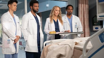GREY’S ANATOMY - “Love You Like a Love Song” - Jo and Link’s wedding day arrives, along with some visitors. Meanwhile, Teddy and Owen are met with a familiar face seeking treatment, and Lucas disagrees with Simone on how to approach a patient’s worsened condition. THURSDAY, MAY 8 (10:00-11:00 p.m. EDT) on ABC. (Disney/Anne Marie Fox) 
HARRY SHUM JR., ANTHONY HILL, KIM RAVER, JASON GEORGE