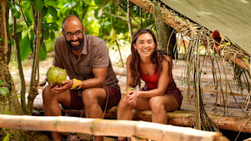 “Go Kick Rocks, Bro” – An unexpected shakeup shifts the castaways’ game trajectories in an all-new direction. Teammates must rely on one another to succeed in a grueling immunity and reward challenge. Then, a wild goose chase unfolds to reinstate one castaway’s vote after the discovery of a beware advantage, on SURVIVOR, Wednesday, Oct. 15. Pictured (L-R): Nate Moore and Savannah Louie. Photo: Robert Voets/CBS ©2025 CBS Broadcasting, Inc. All Rights Reserved.