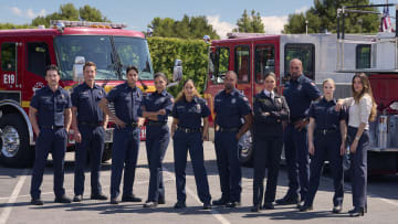 STATION 19 - DisneyÕs ÒStation 19Ó stars Jaina Lee Ortiz as Andy Herrera, Jason George as Ben Warren, Jay Hayden as Travis Montgomery, Danielle Savre as Maya Bishop, Barrett Doss as Vic Hughes, Boris Kodjoe as Robert Sullivan, Stefania Spampinato as Carina DeLuca, Carlos Miranda as Theo Luis, Josh Randall as Captain Sean Beckett, and Merle Dandridge as Chief Natasha Ross. (Disney/Eric McCandless)