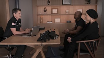 9-1-1 LONE STAR: L-R: Rob Lowe, Brian Michael Smith, and Natacha Karam in the "Trainwrecks" episode of 9-1-1 LONE STAR airing Monday, Sept 30 (8:00-9:02 PM ET/PT) on FOX. © 2024 Fox Media LLC.CR: Kevin Estrada/FOX.