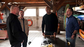 “New Beginnings” – When an ATF agent goes missing, the bureau seeks help from the NCIS team to investigate stolen military-grade weapons and locate the agent. Also, Callen (Chris O’Donnell) and Anna (Bar Paly) continue to plan their wedding, Rountree’s (Caleb Castille) sister interviews for medical school and Sam (LL COOL J) encourages his father to take part in the drug trial, on the CBS Original series NCIS: LOS ANGELES, Sunday, May 14 (10:00-11:00 PM). Pictured (L-R): Duncan Campbell (NCIS