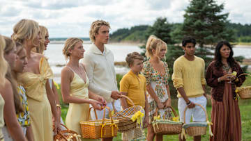 Candice King, Caitlin FitzGerald, Mamie Gummer, Joseph Zada, Esther McGregor, and Shubham Maheshwari in We Were Liars