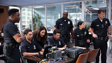 THE ROOKIE - ÒStrike BackÓ - In the aftermath of the assaults in the explosive season five finale, the team must now try to understand why they were targeted and if there is a bigger plan in place. Meanwhile, Nolan must survive his last shift before his wedding to Bailey. TUESDAY, FEB. 20 (9:00-10:00 p.m. EST), on ABC. (Disney/Raymond Liu)
TRU VALENTINO, ALYSSA DIAZ, RICHARD T. JONES, LISSETH CHAVEZ, NATHAN FILLION
