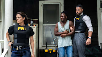 “Takeover” – FBI. Pictured (L-R): Missy Peregrym as Special Agent Maggie Bell, Evans Malkin as Eli McMahon, and Zeeko Zaki as Special Agent Omar Adom ‘OA’ Zidan. Photo: Bennett Raglin/CBS ©2025 CBS Broadcasting, Inc. All Rights Reserved.