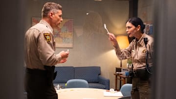 "Pilot" - Sheriff Country. PIctured: Matt Lauria as Nathan Boone and Morena Baccarin as Sheriff Mickey Fox. Photo: Brooke Palmer/CBS ©2025 CBS Broadcasting, Inc. All Rights Reserved.