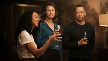 "Pilot" - Boston Blue. Pictured (L-R): Sonequa Martin-Green as Lena Silver, Bridget Moynahan as Erin Reagan Boyle, and Donnie Wahlberg as Danny Reagan Photo: John Medland/CBS ©2025 CBS Broadcasting, Inc. All Rights Reserved.