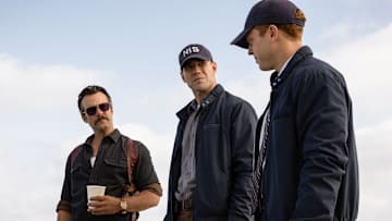 NCIS: Origins – Pictured (L-R): Kyle Schmid as Mike Franks, Austin Stowell as Leroy Jethro Gibbs and Caleb Foote as Bernard “Randy” Randolf. Photo: Warrick Page/CBS ©2025 CBS Broadcasting, Inc. All Rights Reserved.