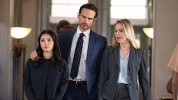 “Out of Office” – Pictured: Amanda Arcuri as Skye Fraley, Christopher Gorham as Travis Fraley and Kristin Booth as Katie Wells. Photo: Darren Goldstein/CBS ©2025 CBS Broadcasting, Inc. All Rights Reserved.
