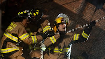 9-1-1: NASHVILLE - “Hell and High Water” - A tornado’s path leads the Station 113 team to an intense rescue at a water tower. Ryan and his wife reach a turning point, while Dixie has an assignment for Blue. Cammie coaches a distressed teenager through her mother’s childbirth. THURSDAY, OCT. 16 (9:00-10:00 p.m. EDT) on ABC. (Disney/Jake Giles Netter) 
HAILEY KILGORE, HUNTER MCVEY