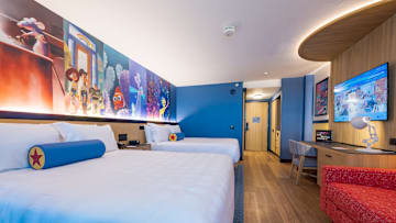 With whimsical nods to Pixar Animation Studios such as lighting reminiscent of the Pixar Lamp and pillows inspired by the Pixar Ball, guests can enjoy themed guest rooms in a comfortable and contemporary setting at Pixar Place Hotel at Disneyland Resort in Anaheim, Calif. - credit: Richard Harbaugh/Disneyland Resort
