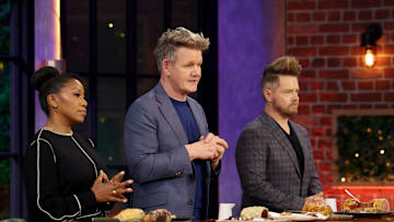 NEXT LEVEL CHEF: L-R: Nyesha Arrington, Gordon Ramsay and Richard Blais in the NEXT LEVEL CHEF episode "Always Crust Your Instincts" airing Thursday, May 8 (8:00-9:00 PM ET/PT) on FOX. CR: Lorraine O’Sullivan / FOX. ©2025 FOX Media LLC.