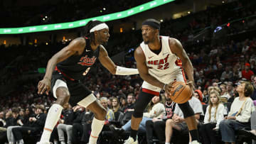 Feb 27, 2024; Portland, Oregon, USA; Miami Heat forward Jimmy Butler (22) looks to drive to the