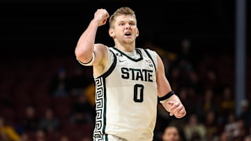 Dec 4, 2024; Minneapolis, Minnesota, USA; Michigan State Spartans forward Jaxon Kohler (0) celebrates his three-point basket against the Minnesota Golden Gophers during the second half at Williams Arena. Mandatory Credit: Matt Krohn-Imagn Images