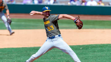 West Virginia baseball's Tyler Hutson mid-pitch during Game 1 of the 2025 NCAA Division 1 Super Regional Baseball Championship at Alex Box Stadium in Baton Rouge, LA. Saturday, June 7, 2025.