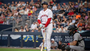 Red Sox first baseman Triston Casas adjusts his gloves during a rehab start at DH for the WooSox on Tuesday July 30, 2023.