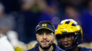 Jan 8, 2024; Houston, TX, USA; Michigan Wolverines quarterbacks coach Kirk Campbell against the Washington Huskies during the 2024 College Football Playoff national championship game at NRG Stadium. Mandatory Credit: Mark J. Rebilas-USA TODAY Sports