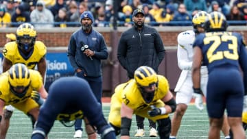 Michigan head coach Sherrone Moore watches a play during the second half of the spring game at Michigan Stadium in Ann Arbor on Saturday, April 20, 2024.