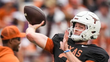 Texas Longhorns quarterback Quinn Ewers (3) throws a pass while warming up ahead of the Longhorns' spring Orange and White game at Darrell K Royal Texas Memorial Stadium in Austin, Texas, April 20, 2024.