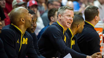 Michigan coach Dusty May instructs his team during the Indiana vs. Michigan game at Simon Skjodt Assembly Hall on Saturday, Feb. 8, 2025 in Bloomington, Indiana.