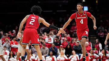 Rutgers Scarlet Knights guard Dylan Harper (2) high fives guard Ace Bailey (4) during the second half of the NCAA men's basketball game against the Ohio State Buckeyes at Value City Arena in Columbus on Saturday, Dec. 7, 2024. Ohio State won 80-66.
