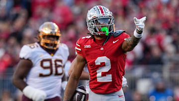 Nov 18, 2023; Columbus, Ohio, USA; Ohio State Buckeyes wide receiver Emeka Egbuka (2) celebrates a