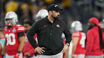 Dec 29, 2023; Arlington, Texas, USA; Ohio State Buckeyes head coach Ryan Day leads warm-ups prior to