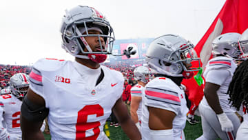 Nov 4, 2023; Piscataway, New Jersey, USA; Ohio State Buckeyes safety Sonny Styles (6) and cornerback
