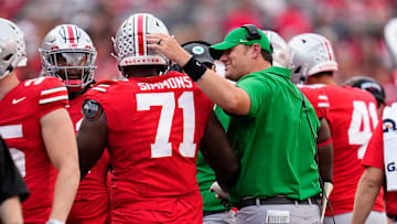 Sep 16, 2023; Columbus, Ohio, USA; Ohio State Buckeyes offensive lineman Josh Simmons (71) gets a