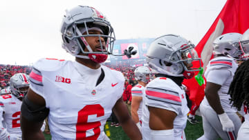 Nov 4, 2023; Piscataway, New Jersey, USA; Ohio State Buckeyes safety Sonny Styles (6) and cornerback Davison Igbinosun (1) take the field prior to the NCAA football game against the Rutgers Scarlet Knights at SHI Stadium. Ohio State won 35-16.