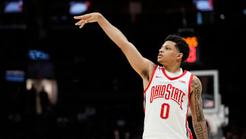 Ohio State Buckeyes guard John Mobley Jr. (0) shoots a three pointer during the second half of the NCAA men's basketball game against the Campbell Fighting Camels at Value City Arena in Columbus on Friday, Nov. 22, 2024. Ohio State won 104-60.